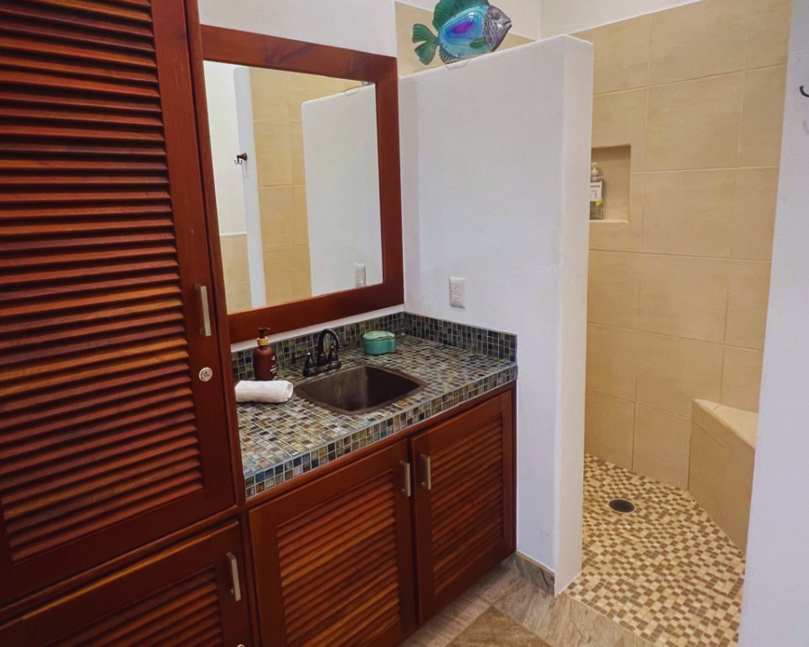 Baños completos limpios y regadera exterior en área de alberca